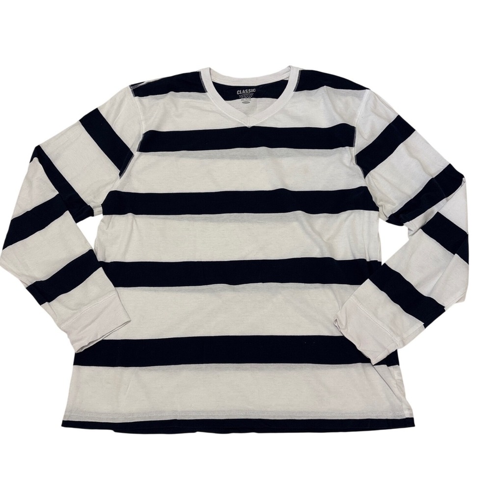 Old Navy Mens Classic Striped V-Neck Long Sleeve Cotton Tee White Navy XL